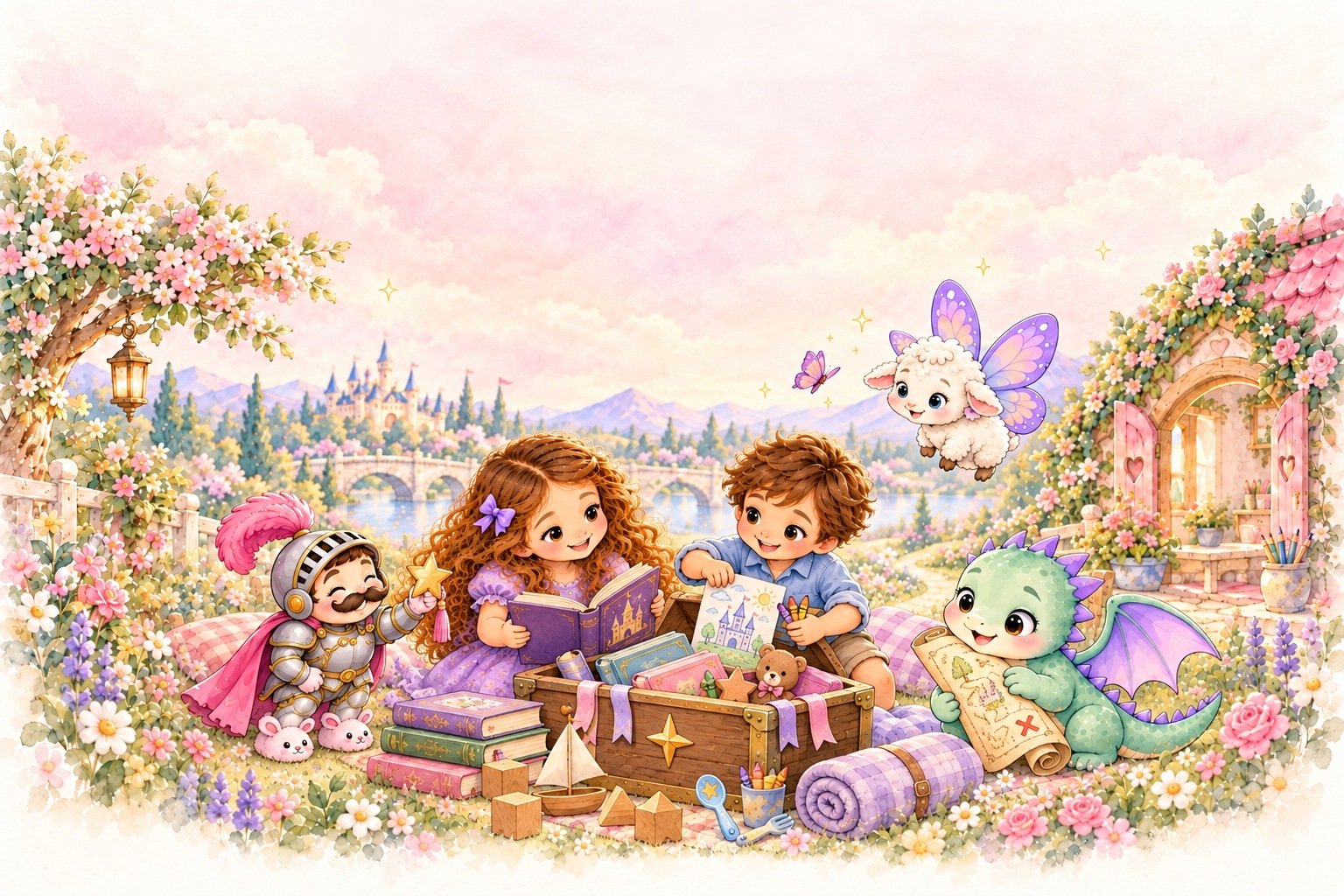 Ellie, Luke, Pip, Sir Sniffles, and the butterfly sheep gather favorite storybooks, coloring pages, learning blocks, and a quest map around a star-marked treasure chest.